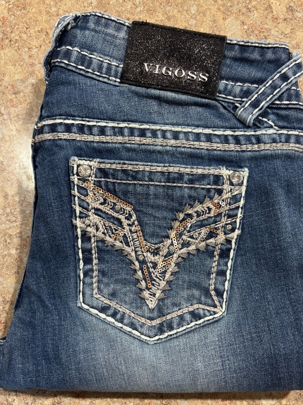 Vigoss Women's Dark Blue Embroidered Sequin Pocket Bootcut Jeans